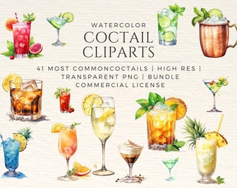 41 Watercolor Cocktail Clipart Bundle Signature Cocktail glasses clipart mohito margherita moscow mule screwdriver pinacolada cuba libre