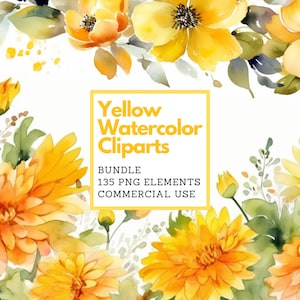 Yellow botanical clipart bundle PNG watercolor violet flowers bundle botanical pastel flowers clipart wedding planning wedding invitations