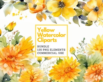 Yellow botanical clipart bundle PNG watercolor violet flowers bundle botanical pastel flowers clipart wedding planning wedding invitations