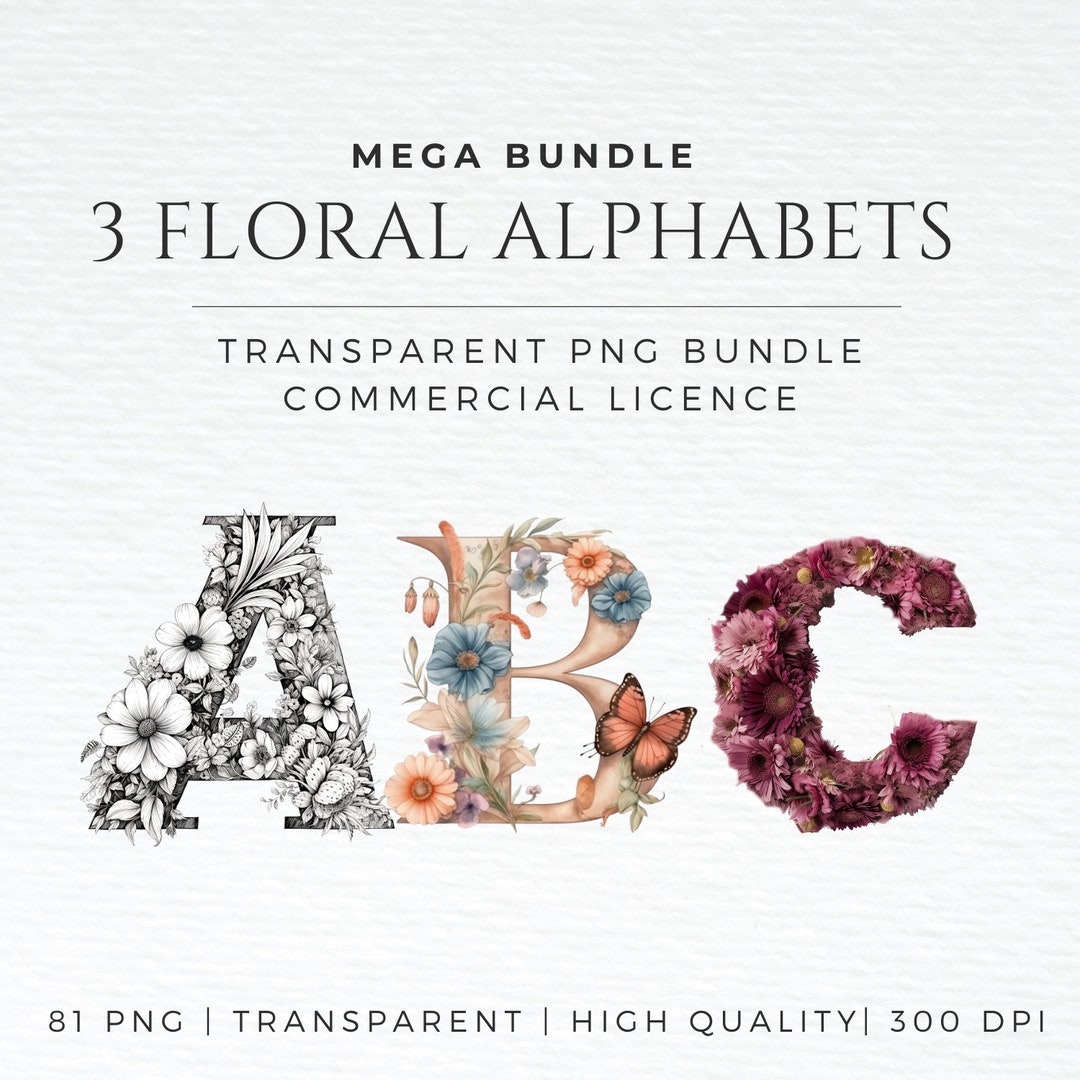 Floral Alphabet Drawing Letters Clipart PNG Mega Bundle Floral Clip Art ...