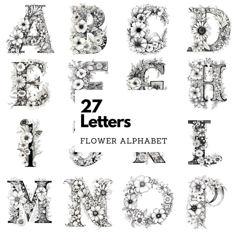 Floral Alphabet Drawing Letters Clipart PNG Bundle Floral Clip Art