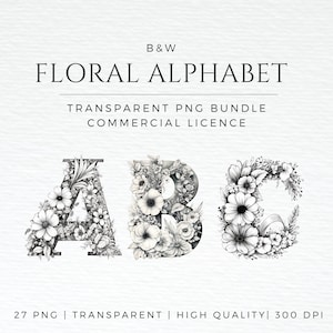 Floral Alphabet Drawing Letters Clipart PNG Bundle Floral Clip art Lettering Kids Alphabet DIY Commercial license coloring book alphabet