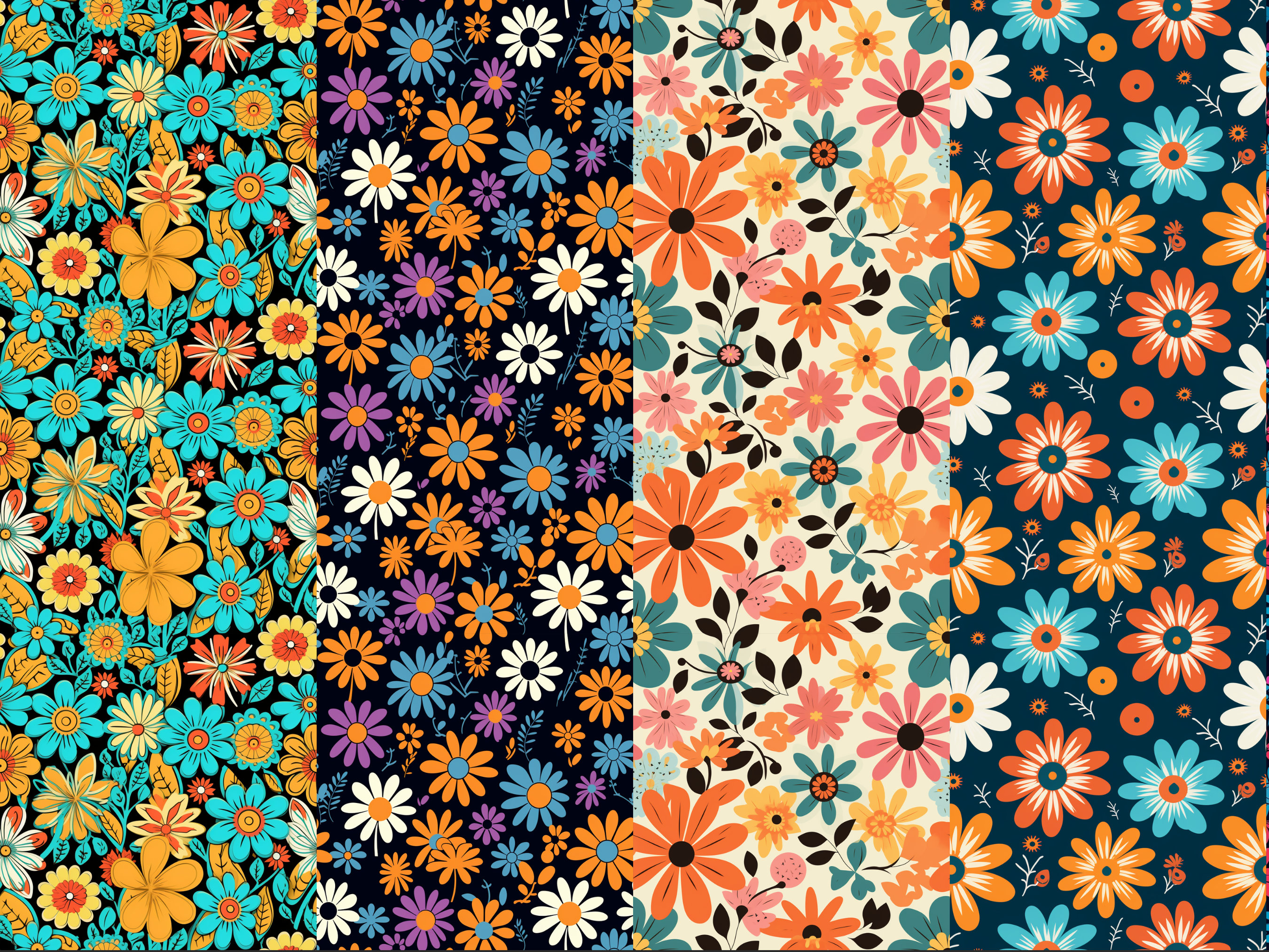Retro Flowers Digital Paper Seamless Patterns Comercial License Digital ...