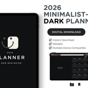 Może przedstawiać: Cyfrowy planer na rok 2026 o minimalistycznym, ciemnym designie. Obraz przedstawia tablet i laptop wyświetlający interfejs planera. Planer zawiera widok kalendarza i jest oznaczony jako "2026 Planner: A New Beginning."
