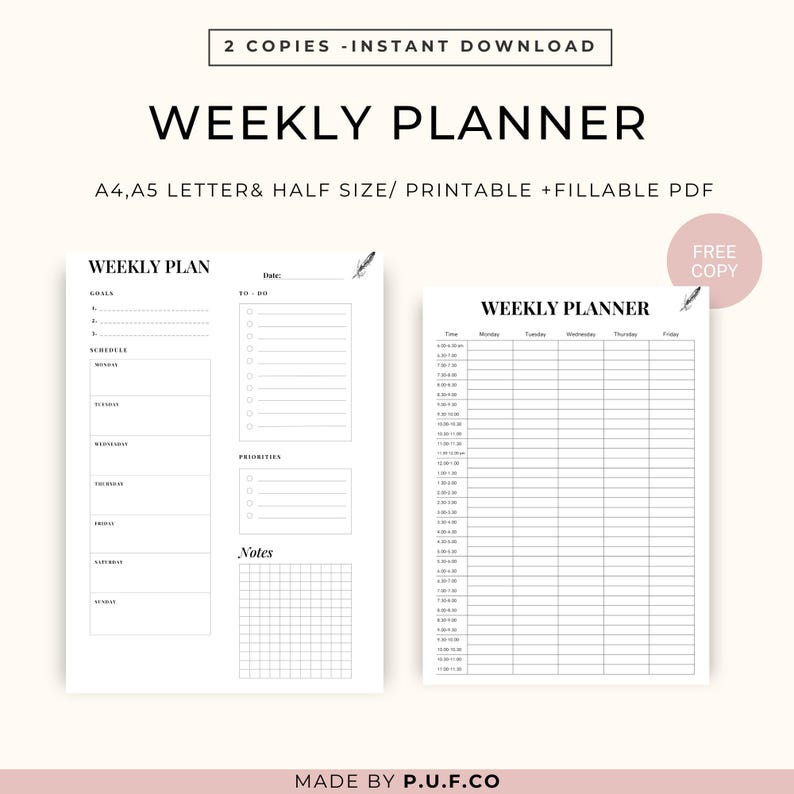 Weekly Printable & Fillable PDF Planner – Minimal to Do – A4 A5 Letter ...