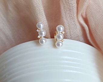 Clip on Earrings Triple Pearl Stud | Non Pierced Trio Pearl Stick Stud Earrings | Pain Free Clip On Earrings