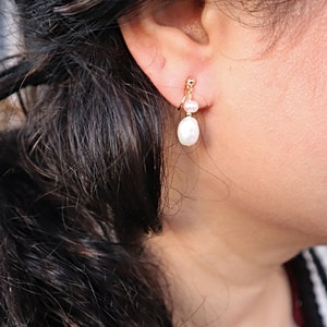 Dangle Pearl Clip On Earrings: 14k Gold-Plated, Non Pierced