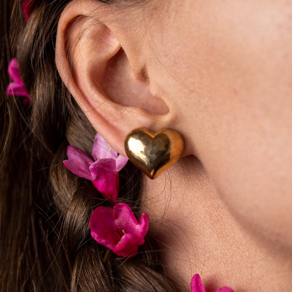 Gold Heart Clip On Earrings | Golden Heart Non Piercing Earrings for Non Pierced Ears | Gift for Sensitive Ears