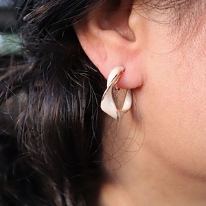 Modern Clip On Earrings Twisted Hoop Ivory Enameled | No Piercing Needed Clip On Earrings | Comfortable Clip Earrings for Women