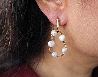 Pendientes de aro con perlas y clip: chapados en oro de 14 k, sin perforar