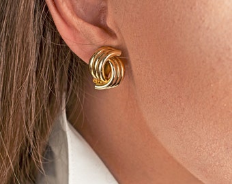 Clip On Earrings Triple Hoop Interlocking Earrings | Gold Multi Hoop Earrings Pain Free Clip On Earrings | Non Pierced Ears