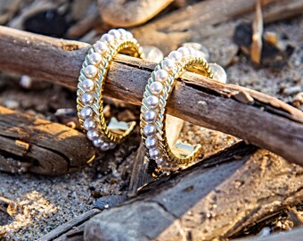 Aros grandes de perla con clip: chapados en oro de 14 k, sin perforar