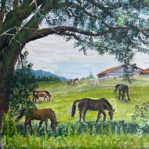 Pintura caballos pastando en el prado pequeño 7.1 x 9.4 pulgadas obra de arte original decoración de la habitación estética regalo para amigos