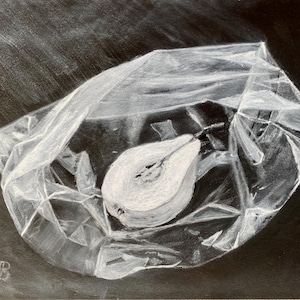 Pera in un sacchetto di plastica, pittura ad olio con la tecnica dell'acquerello