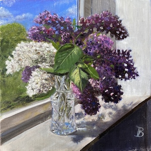 Peinture à l'huile Bouquet ensoleillé de lilas dans un vase en cristal