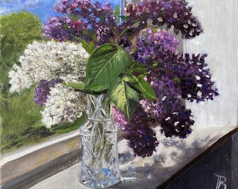 La peinture à l'huile de bouquet de lilas remplie de soleil est un excellent cadeau pour les mères et les grands-mères.