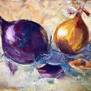 Pintura a óleo de cebolas, arte original, 4,7 x 7,1 pol., pintura de natureza morta realista moderna, decoração de cozinha, ideia de presente, pintura pequena