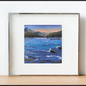 Mar azul al atardecer, pintura al óleo original de pequeña impasto