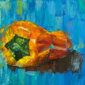 Pintura a óleo de natureza morta com pimentão amarelo, decoração de cozinha abstrata, arte em tela, vegetais como objetos de arte, feito à mão com pincel, ideia para presente
