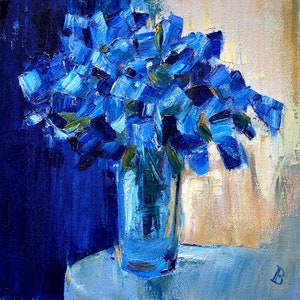 Pintura al óleo de ramo abstracto azul brillante, obra de arte Impasto hecha a mano, decoración ideal para sala de estar, 11,8 "x 11,8"