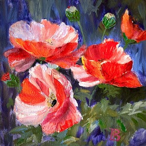 Amapolas rojas sobre fondo azul verdoso. Pintura al óleo.