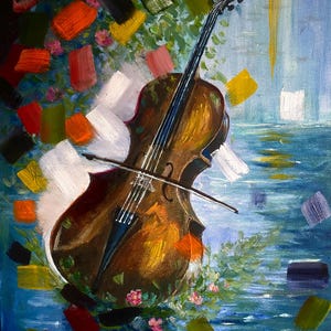 Violonchelo bajo árboles en flor, pintura al óleo abstracta