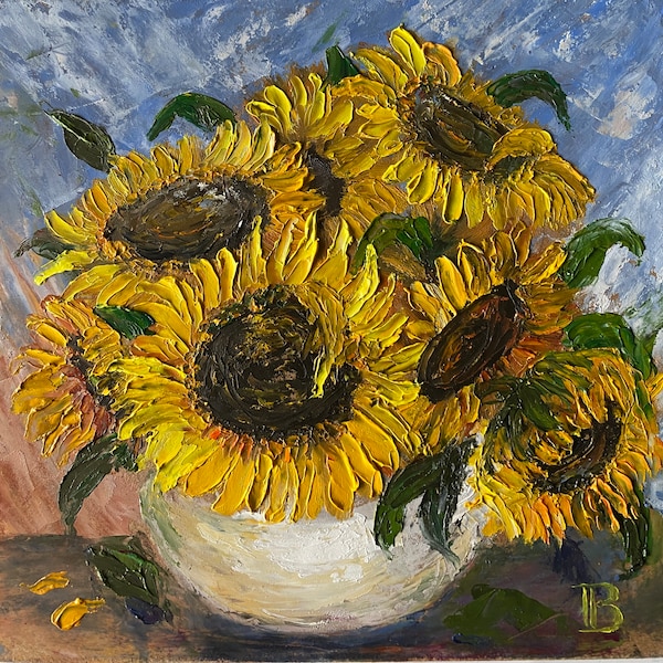 Van Gogh Style Sunflower Oil Painting - Impasto Miniature Art in Vase