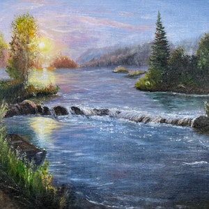 Rivière dans les contreforts Peinture à l’huile Petite cascade Peinture avec lever de soleil Photo Décoration murale Bon pour un cadeau Paysage de montagne original