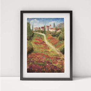 Paesaggio del villaggio francese con papaveri e cipressi su carta oleata