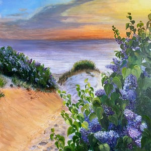 Peinture à l'huile originale « Lilas sur la mer » – Décoration nautique