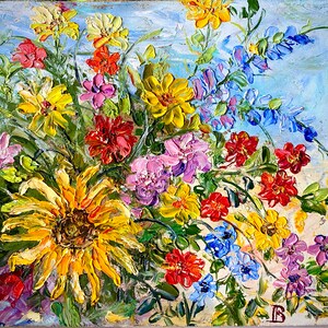 Wildflower boeket olieverfschilderij - handgemaakte Impasto kunst - zoet bedankje cadeau voor dierbaren 3D olieverfschilderij