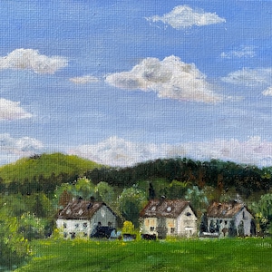 Lentelandschap met huizen vormt opnieuw de achtergrond van een bos klein olieverfschilderij