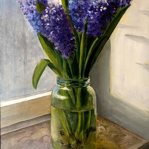Pintura al óleo original de jacinto azul: arte floral hecho a mano sobre cartón
