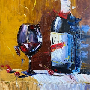 Peinture à l'huile de nature morte de vin faite à la main avec le couteau à palette abstrait