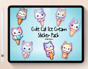 May include: A digital sticker pack featuring eight cute cartoon cats holding ice cream cones. The cats are in various poses and have different coloured fur and ice cream. The text "Cute Cat Ice Cream Sticker Pack" is displayed in the centre of the image.