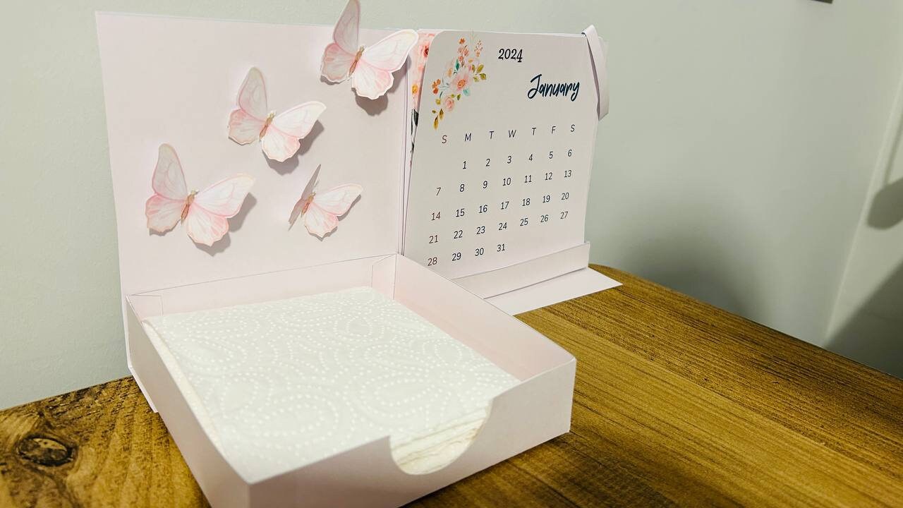 Printable 2024 Desk Calendar With Box digital Butterfly and Flower Pink