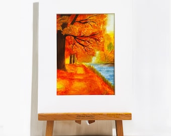 Pintura original al gouache de otoño de un paseo por el parque junto al agua, cuadro A5 montado sobre soporte de 10x8".