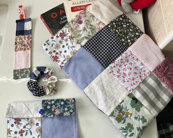 Zero-Waste-Patchwork-Geschenk – Buchcover + Flet-Ecke + Portemonnaie und Scrunchie – Baumwoll-Patchwork