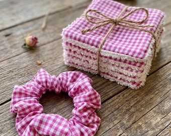 5 rosa karierte Make-up-Entferner-Pads aus Stoff - Ideales Geschenkset für Hautpflege- und Schönheitsroutinen - Umweltfreundlich, inklusive Gummiband.