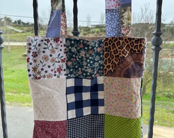 Anpassbare Patchwork-Einkaufstasche – wiederverwendbare Patchwork-Einkaufstasche – Patchwork-Ökotasche – handgemachte Tragetasche – + Patchwork-Scrunchie