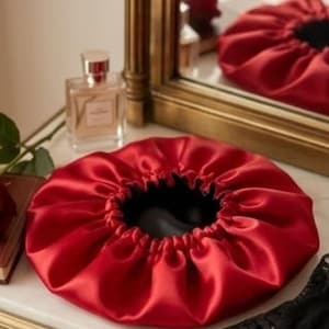 Pode incluir: Uma touca de cabelo circular com um exterior de cetim vermelho vibrante e um forro interior preto contrastante. A touca possui uma abertura elástica franzida concebida para um ajuste seguro, exibindo uma textura de tecido lisa e brilhante.