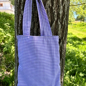 Helllila Gingham Tragetasche mit Innentasche, Wiederverwendbare Baumwolltasche, Strandtasche, Einkaufstasche, Schultasche, Bauernmarkttasche