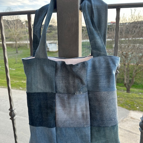 Sac fourre-tout en jeans patchwork, sac en denim fait main, sac à provisions