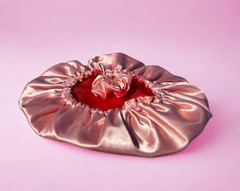 capó de noche de satén reversible - rosa y rojo con chouchous surtidos, fait main, personalizado