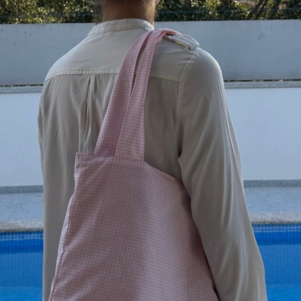 Sac fourre tout en vichy rose fait main - tote bag vichy rose fait main