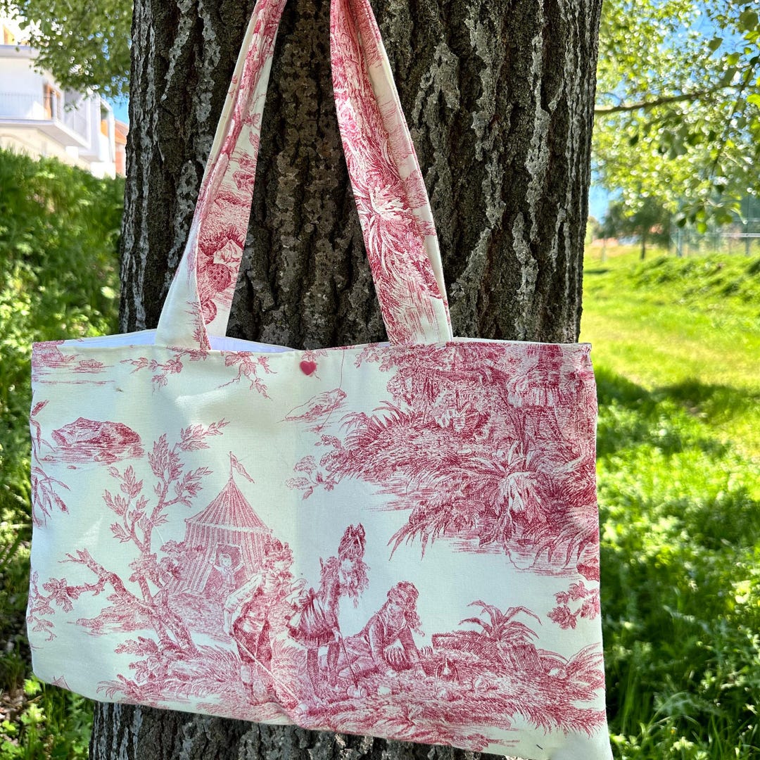 Magnifique sac, cabas rectangulaire en Toile de Jouy rose fait