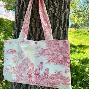 Magnifique sac, cabas rectangulaire en Toile de Jouy rose fait main. Cadeau belle mère, épouse, fille, amie. vintage, country, bohème
