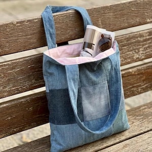 Upcycled Denim Patchwork Shoulder Bag – Made in Portugal, Laptop & School Bag with Front Pocket