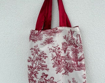 Sac shopping toile de jouy/ sac en tissu satiné et toile de jouy bleu/ motifs bordeaux / fait maison /handmade