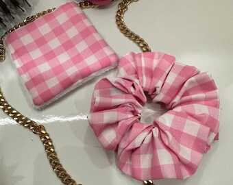 Roze gingham Scrunchie-handgemaakt-chouchou fait belangrijkste vichy roos